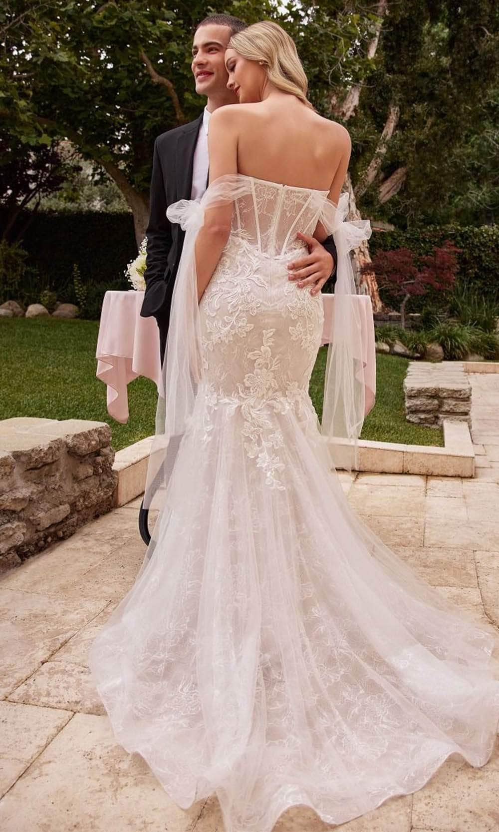 Cinderella Divine CB125W - Off-Shoulder Mermaid Dress with Floral Lace - back view