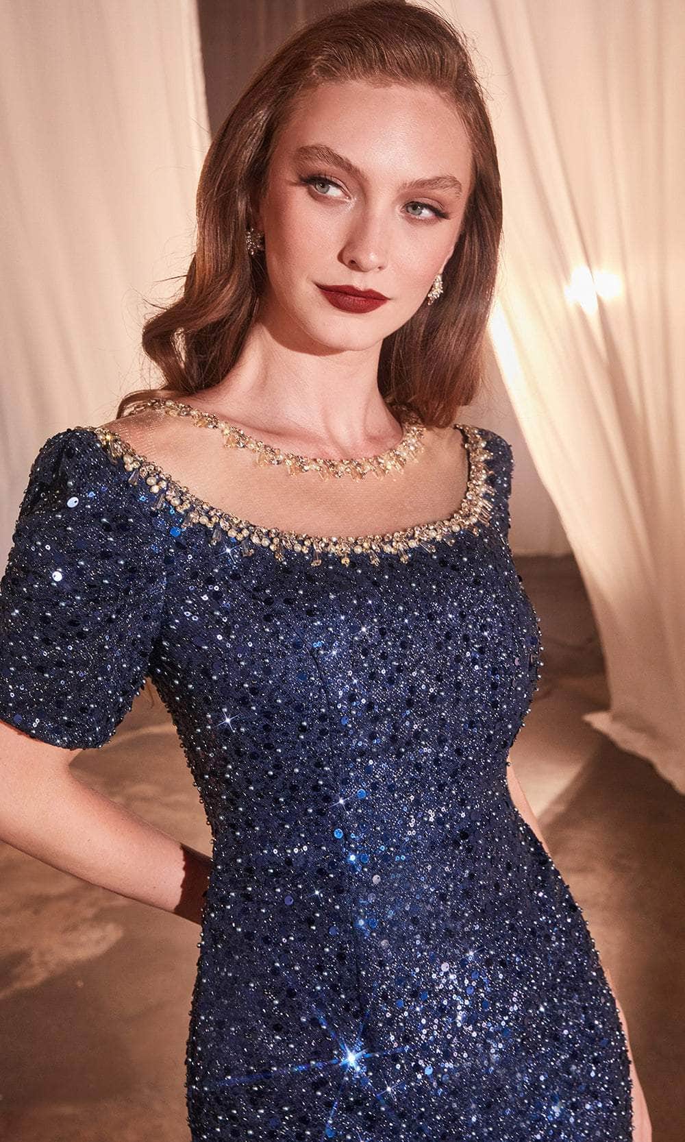Cinderella Divine CB151 - Rhinestone Embellished Illusion Neck Prom Gown - detail view