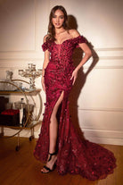 Cinderella Divine CC2164 - Off Shoulder Floral Appliqued Prom Dress - view 11
