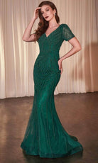Cinderella Divine CC4019 - Beaded Short Sleeve Evening Gown - back view