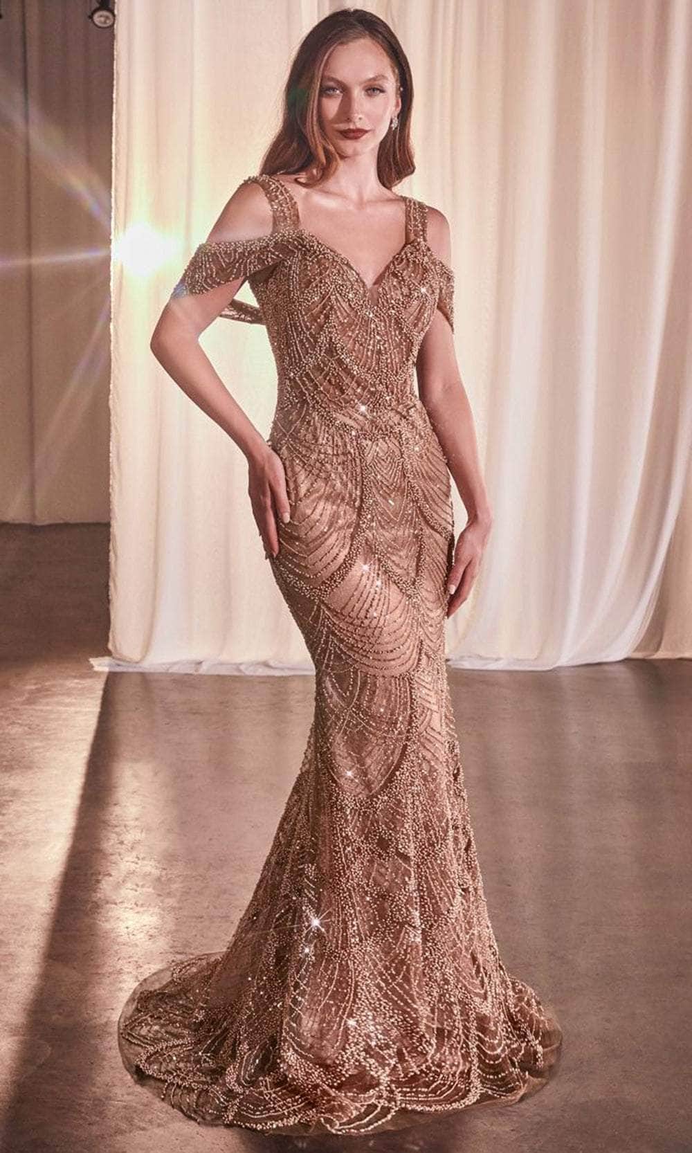 Cinderella Divine CC4020 - Bead Embellished V-Neck Evening Gown - Silhouette Dresses