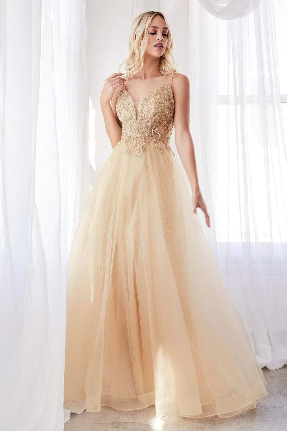 Cinderella Divine - CD0154 Plunging Beaded Appliqued Tulle Dress - view 5