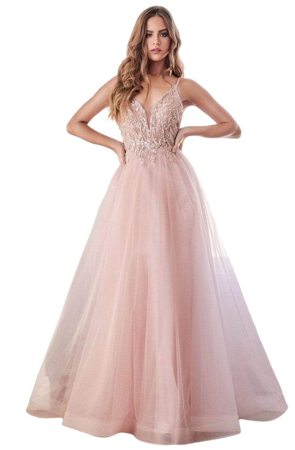 Cinderella Divine - CD0154 Plunging Beaded Appliqued Tulle Dress - Silhouette Dresses