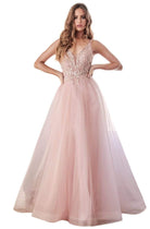 Cinderella Divine - CD0154 Plunging Beaded Appliqued Tulle Dress - Silhouette Dresses