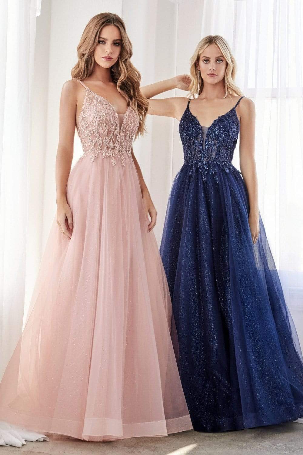Cinderella Divine - CD0154 Plunging Beaded Appliqued Tulle Dress - detail view