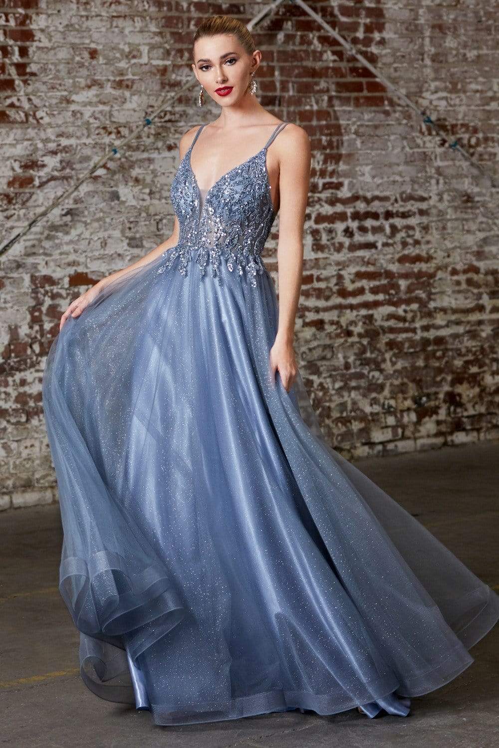 Cinderella Divine - CD0154 Plunging Beaded Appliqued Tulle Dress - view 10
