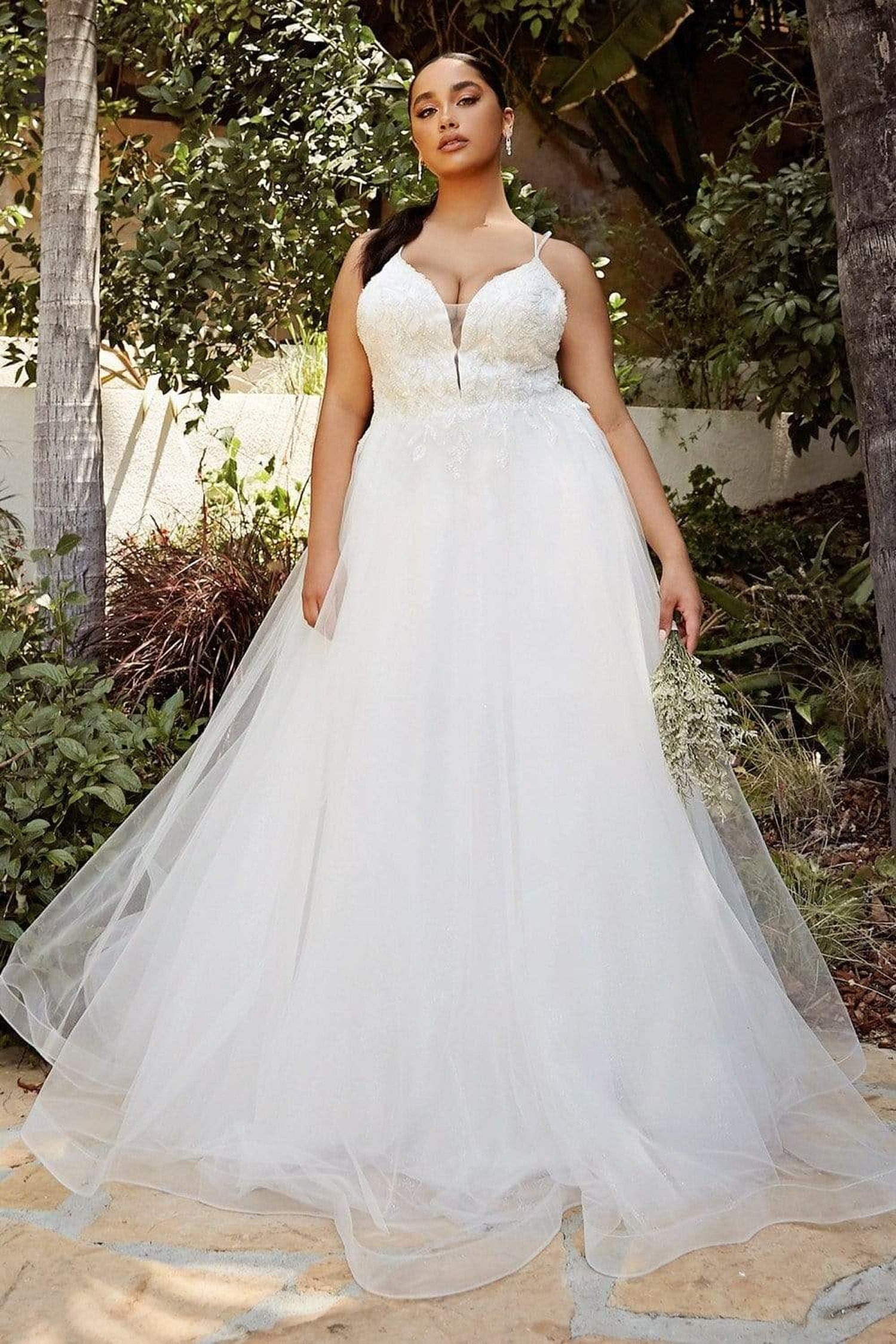 Cinderella Divine - CD0154W Appliqued Deep V-Neck Layered Tulle Dress