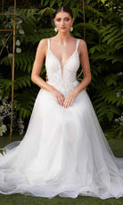 Cinderella Divine - CD0154W Appliqued Deep V-Neck Layered Tulle Dress - back view