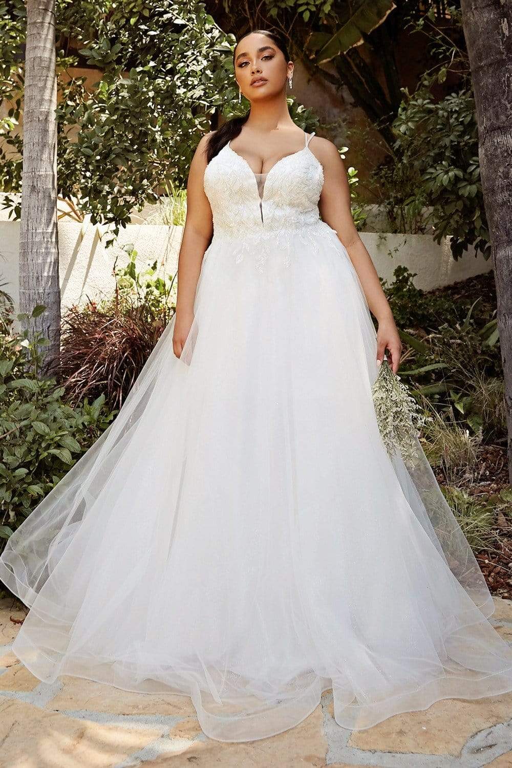 Cinderella Divine - CD0154W Appliqued Deep V-Neck Layered Tulle Dress - detail view