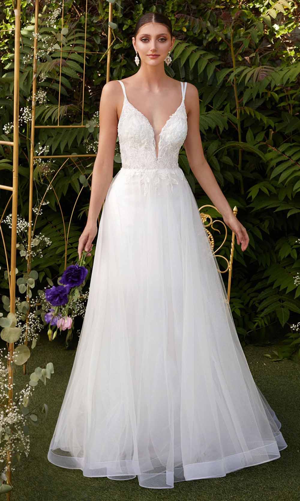 Cinderella Divine - CD0154W Appliqued Deep V-Neck Layered Tulle Dress - Silhouette Dresses