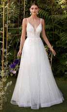 Cinderella Divine - CD0154W Appliqued Deep V-Neck Layered Tulle Dress - Silhouette Dresses