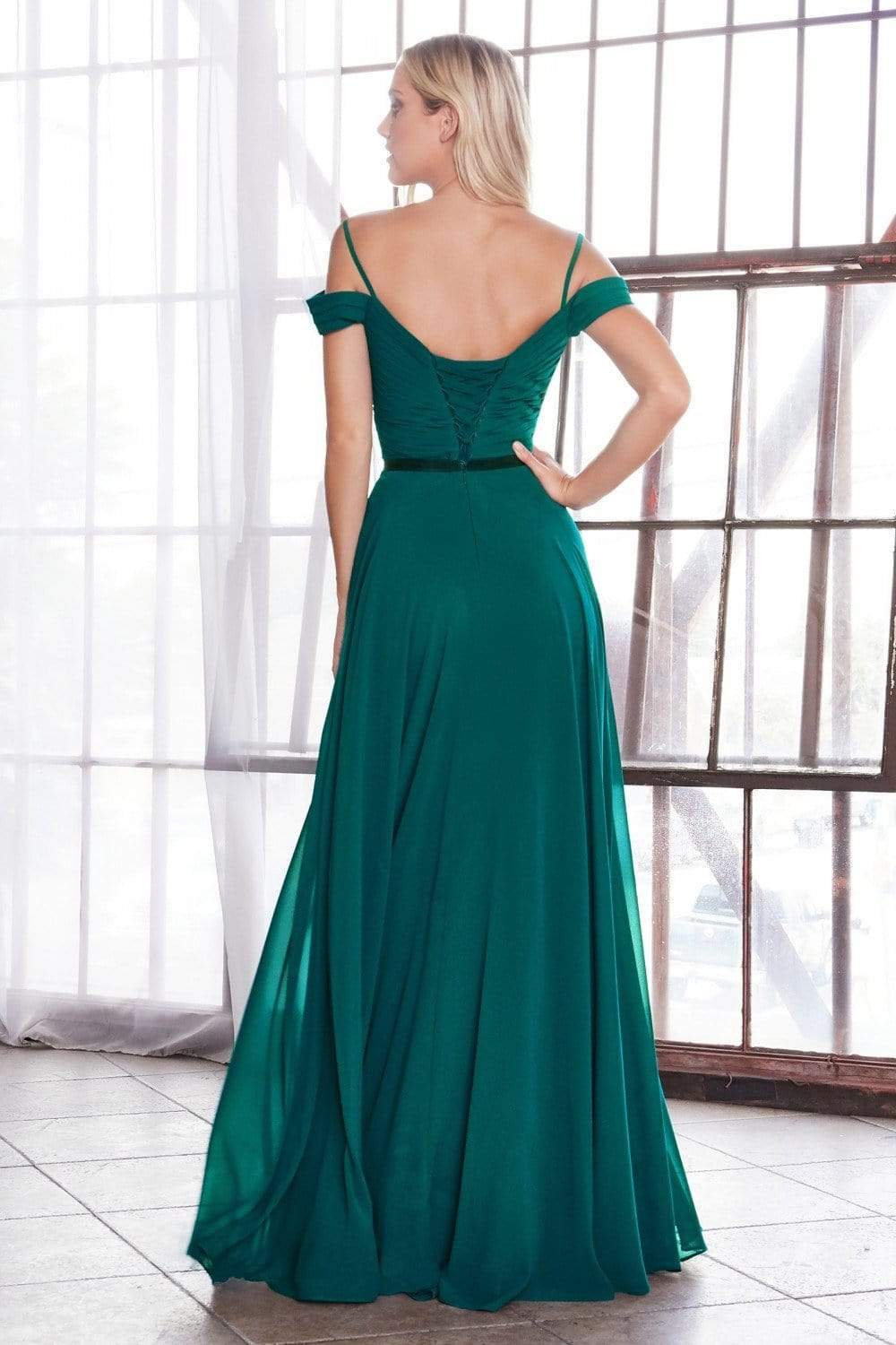 Cinderella Divine - CD0156 Off Shoulder Pleated Bodice Chiffon Dress - detail view