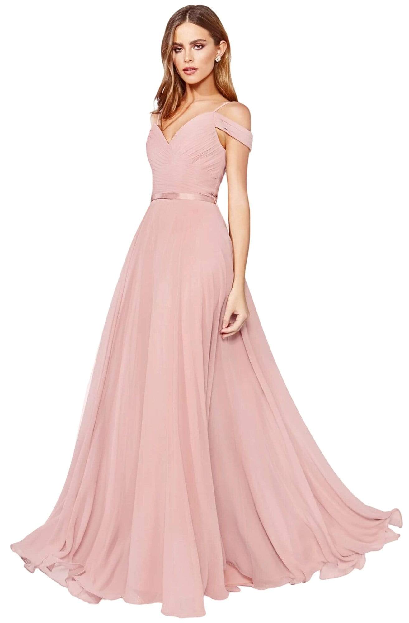 Cinderella Divine - CD0156 Off Shoulder Pleated Bodice Chiffon Dress - designer bridesmaid dress at Silhouette Dresses