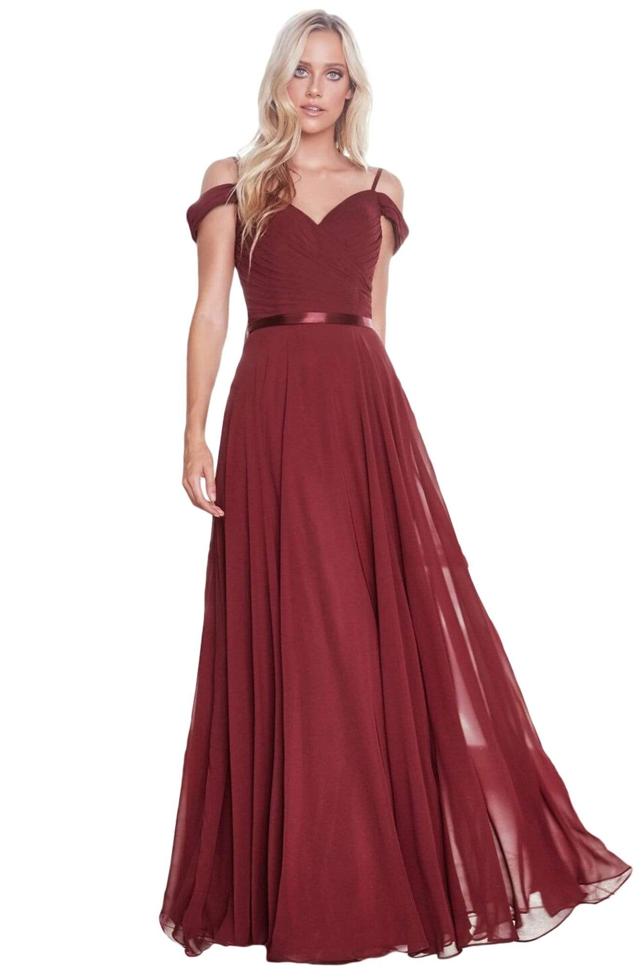 Cinderella Divine - CD0156 Off Shoulder Pleated Bodice Chiffon Dress - view 4