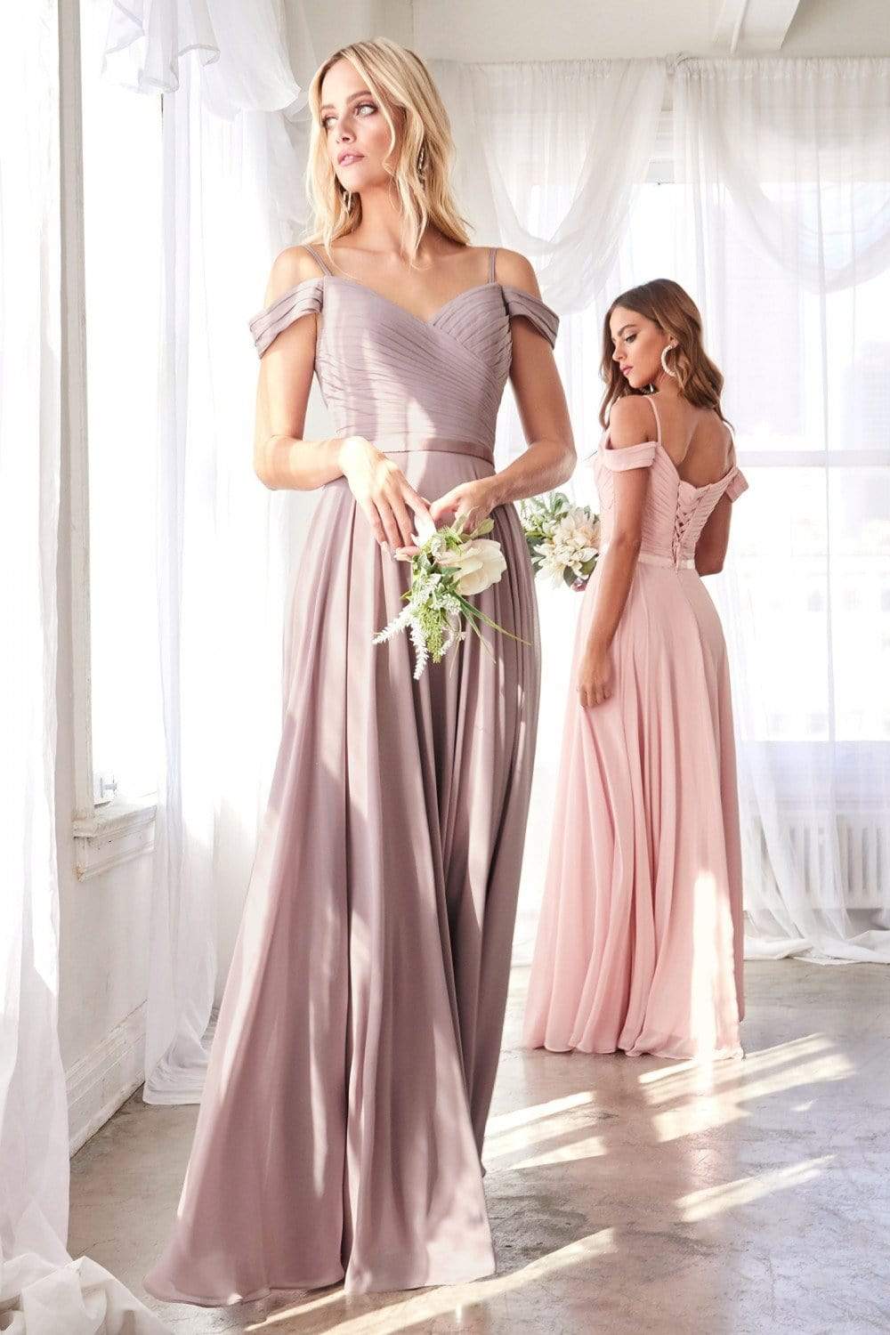 Cinderella Divine - CD0156 Off Shoulder Pleated Bodice Chiffon Dress - view 5