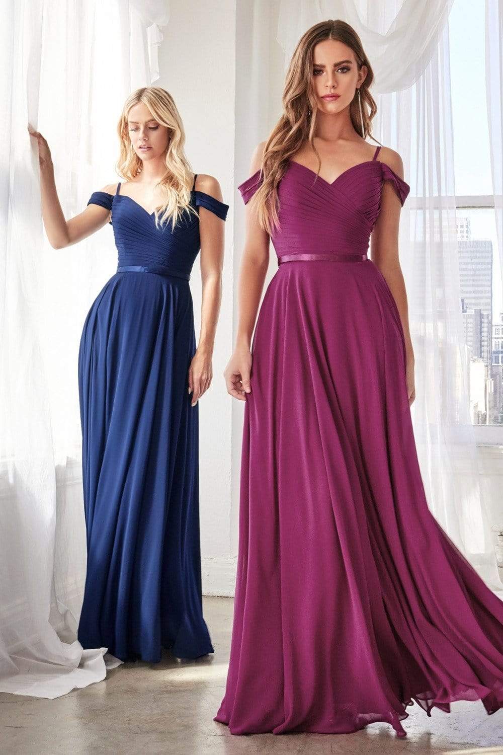 Cinderella Divine - CD0156 Off Shoulder Pleated Bodice Chiffon Dress - view 7