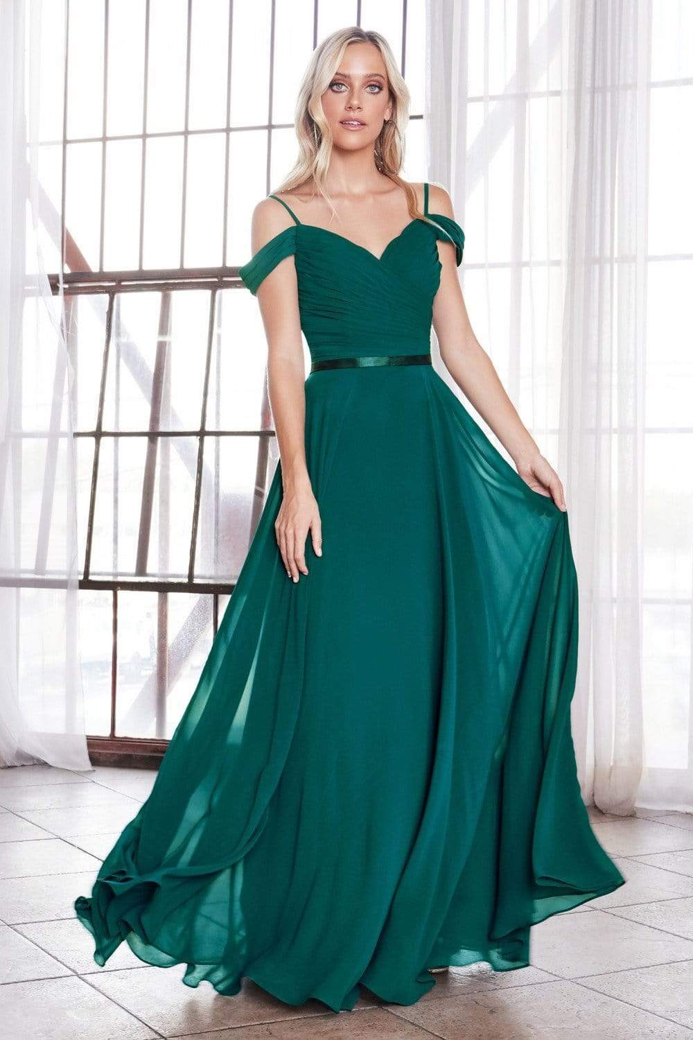 Cinderella Divine - CD0156 Off Shoulder Pleated Bodice Chiffon Dress - back view