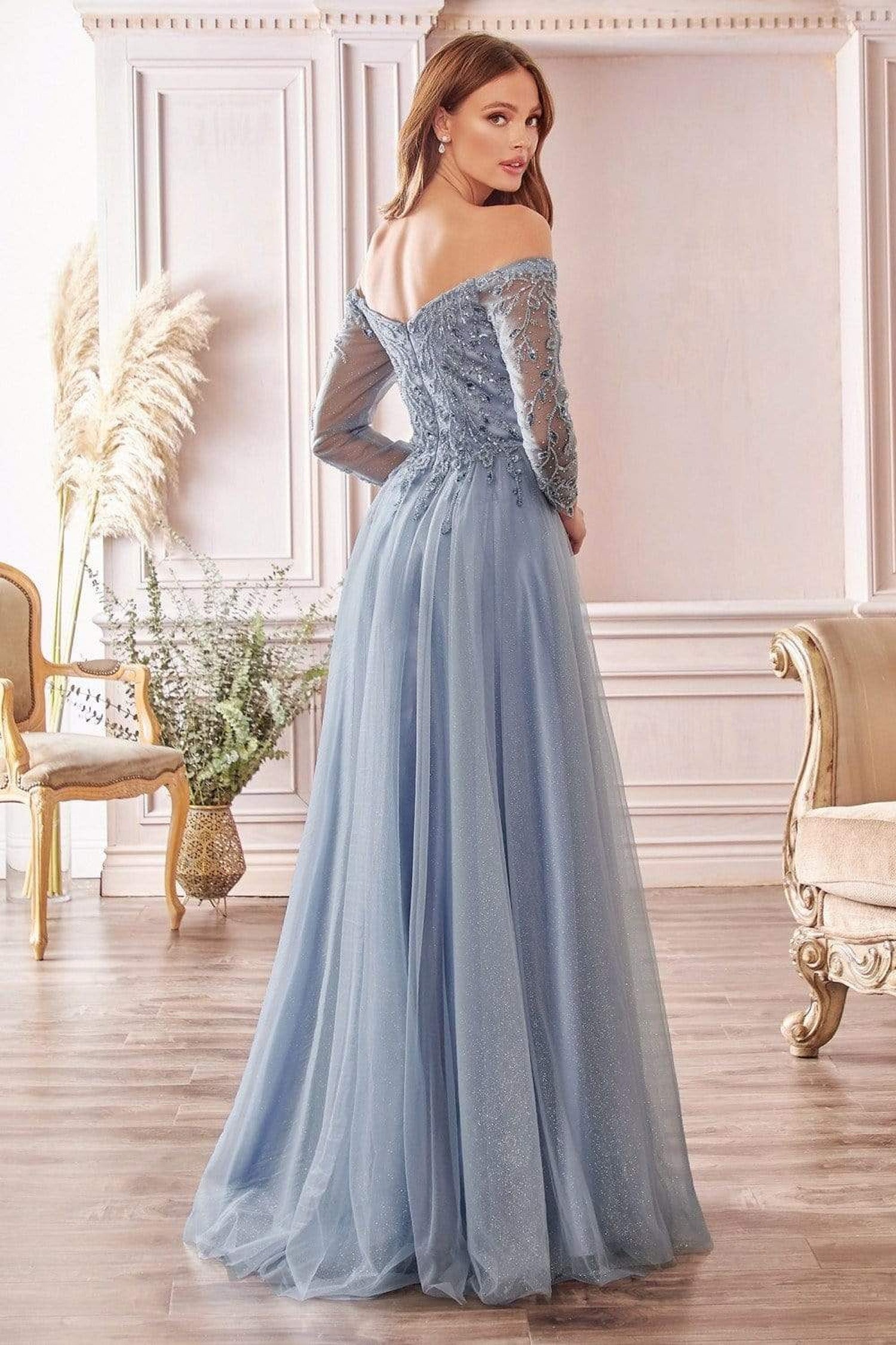 Cinderella Divine - CD0172 Off-Shoulder Beaded Glitter Tulle Gown