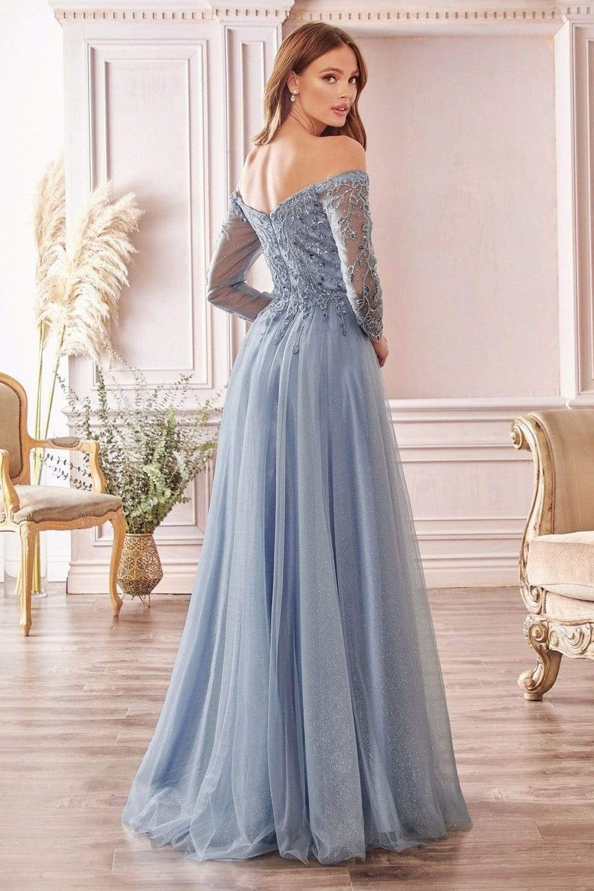 Cinderella Divine - CD0172 Off-Shoulder Beaded Glitter Tulle Gown