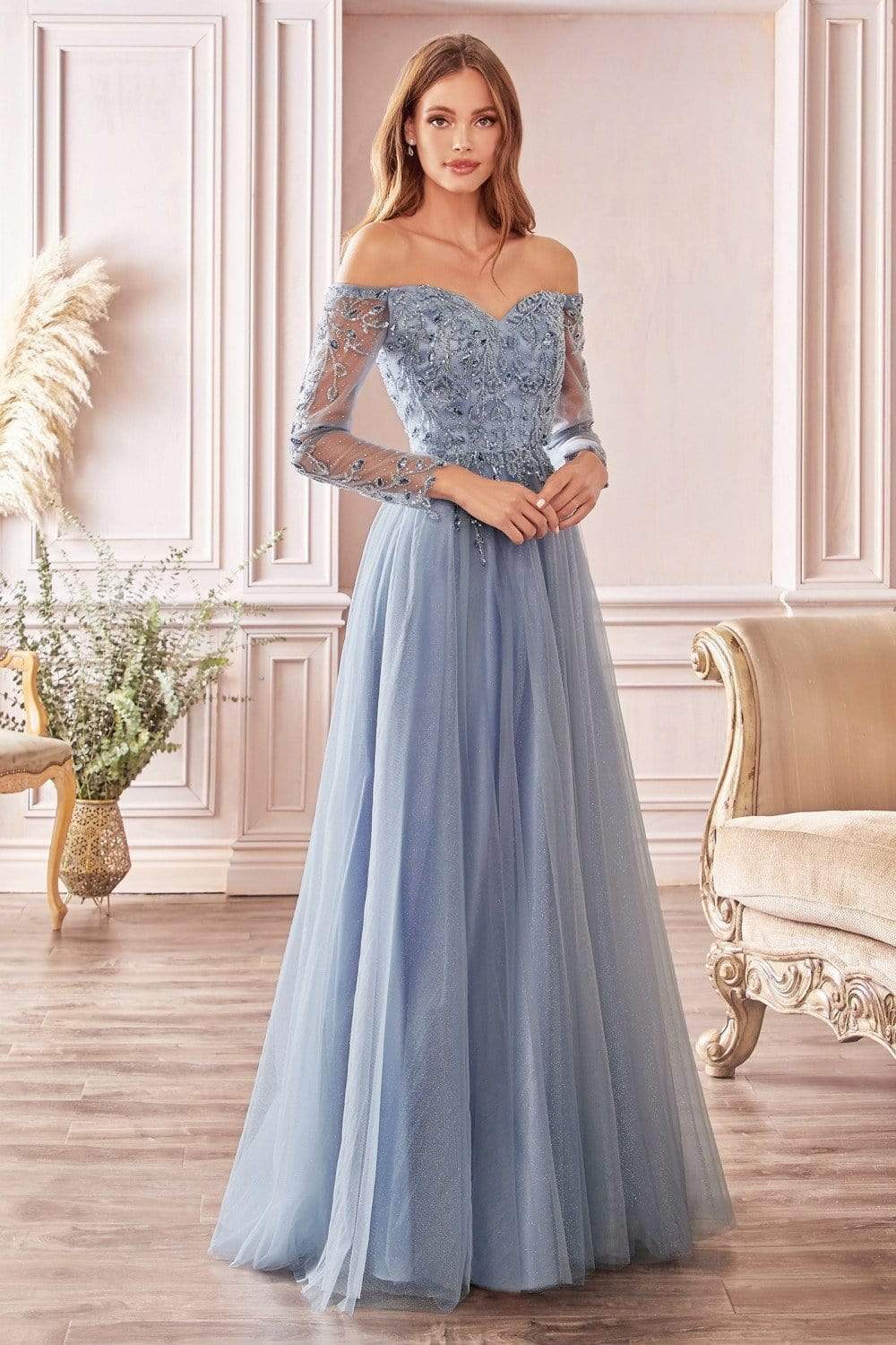 Cinderella Divine - CD0172 Off-Shoulder Beaded Glitter Tulle Gown - view 5