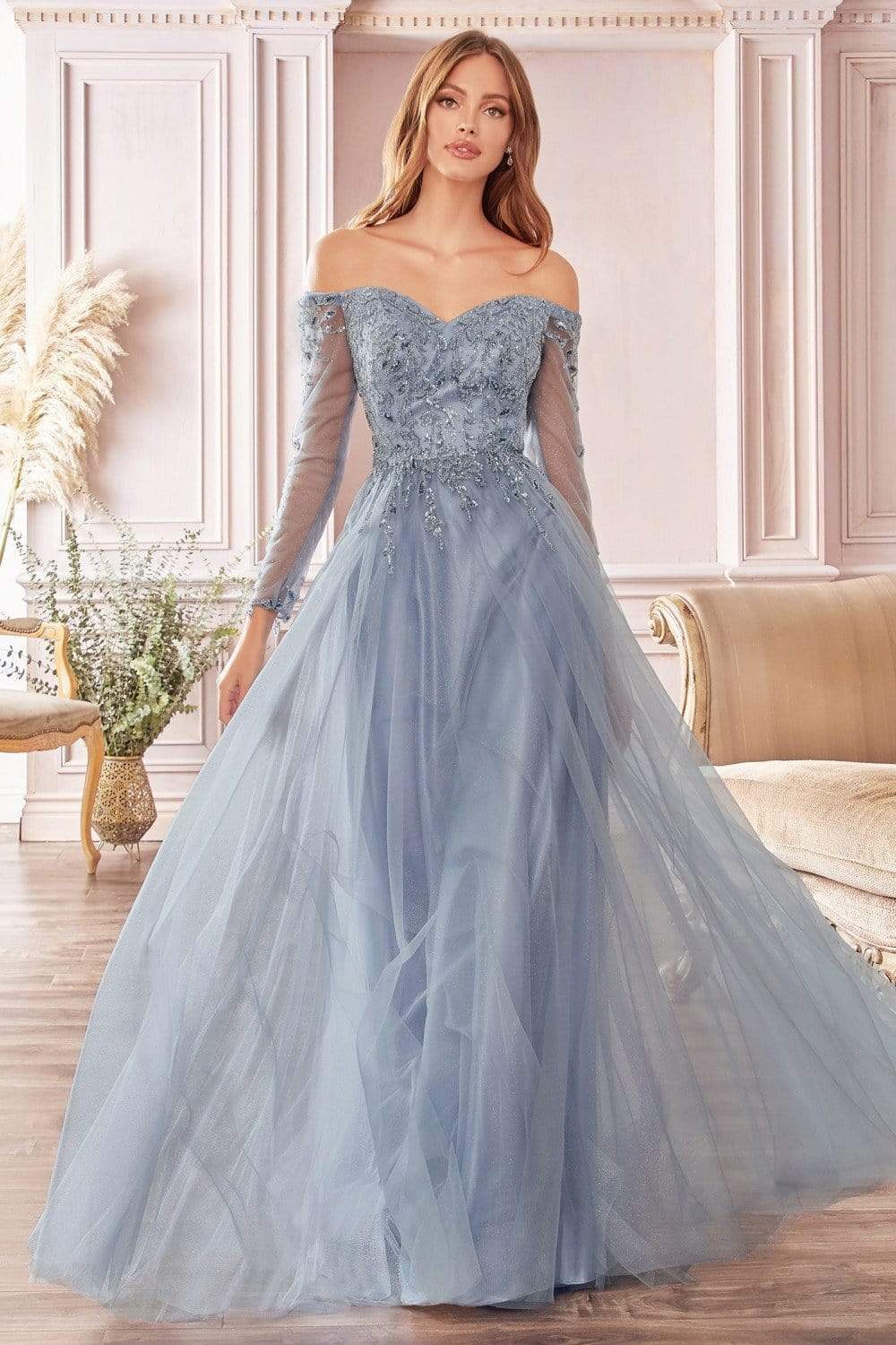 Cinderella Divine - CD0172 Off-Shoulder Beaded Glitter Tulle Gown - detail view