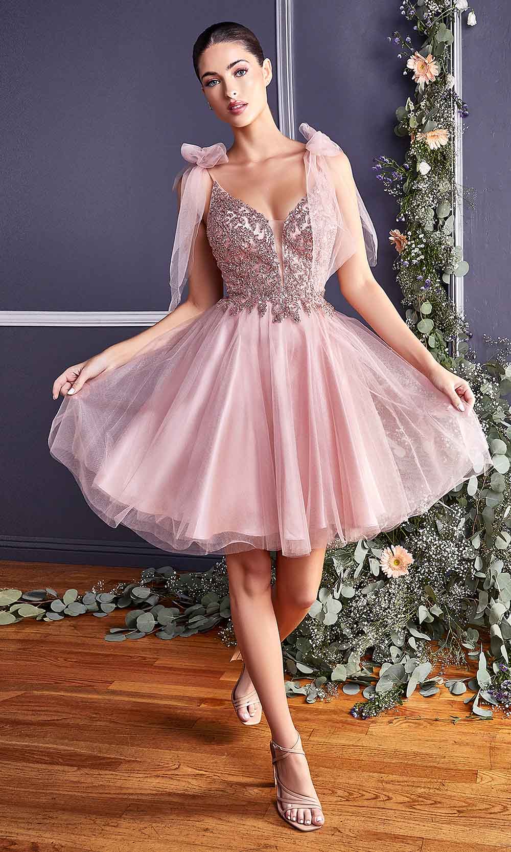 Cinderella Divine - CD0174 Embellished Deep V Neck A-line Dress - detail view