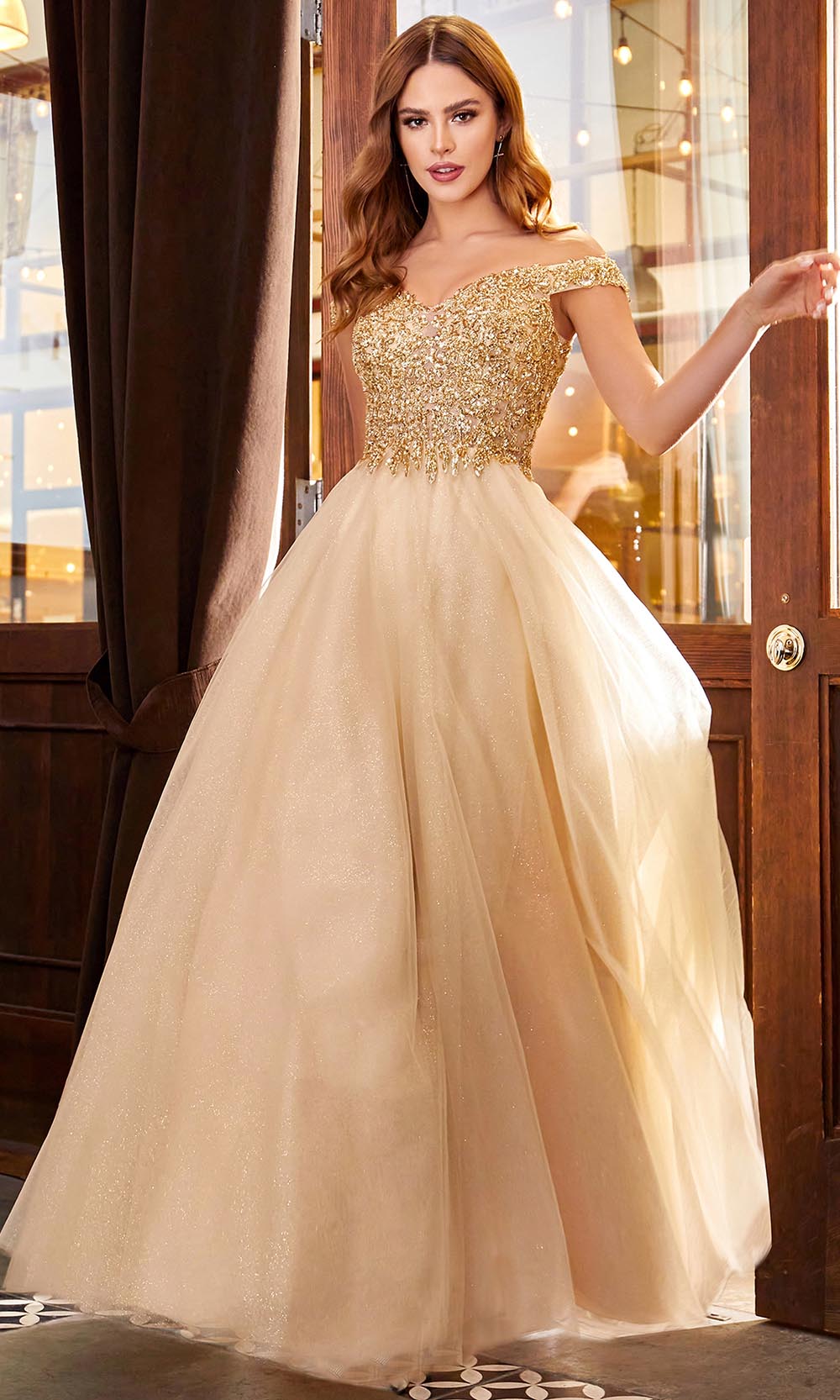 Cinderella Divine - CD0177 Metallic Lace Appliqued Glitter Tulle Gown - view 5