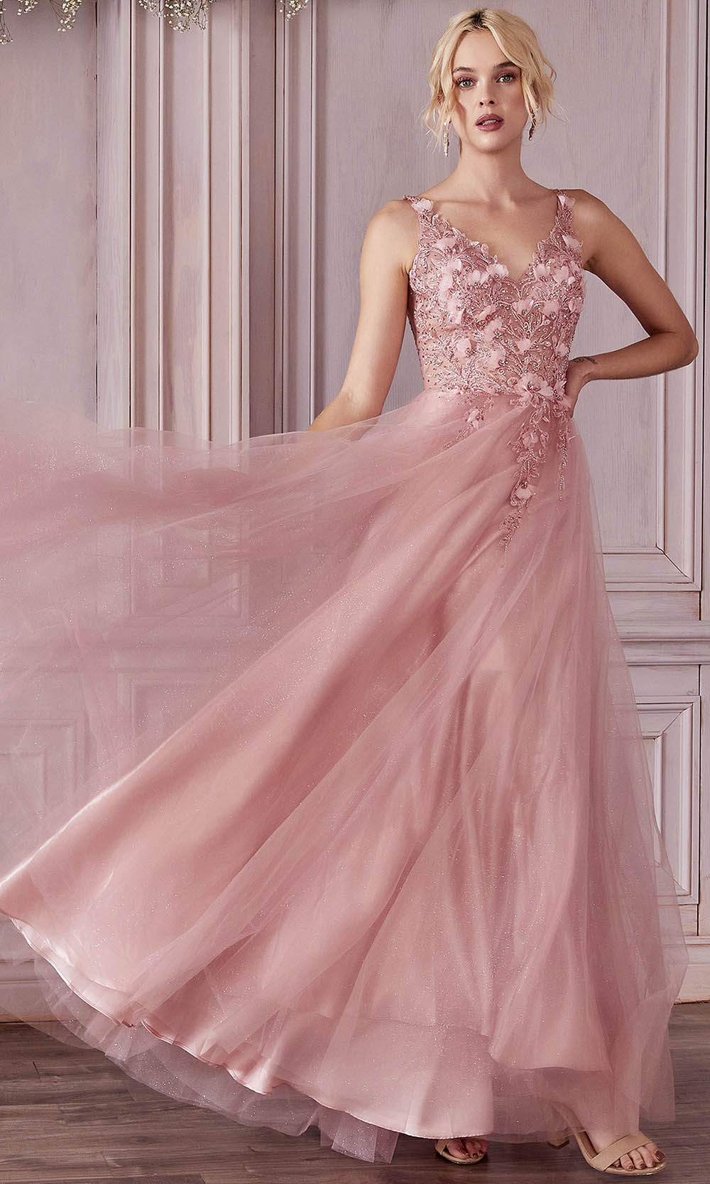 Cinderella Divine CD0181 - Floral Applique Prom Dress - designer prom dress at Silhouette Dresses