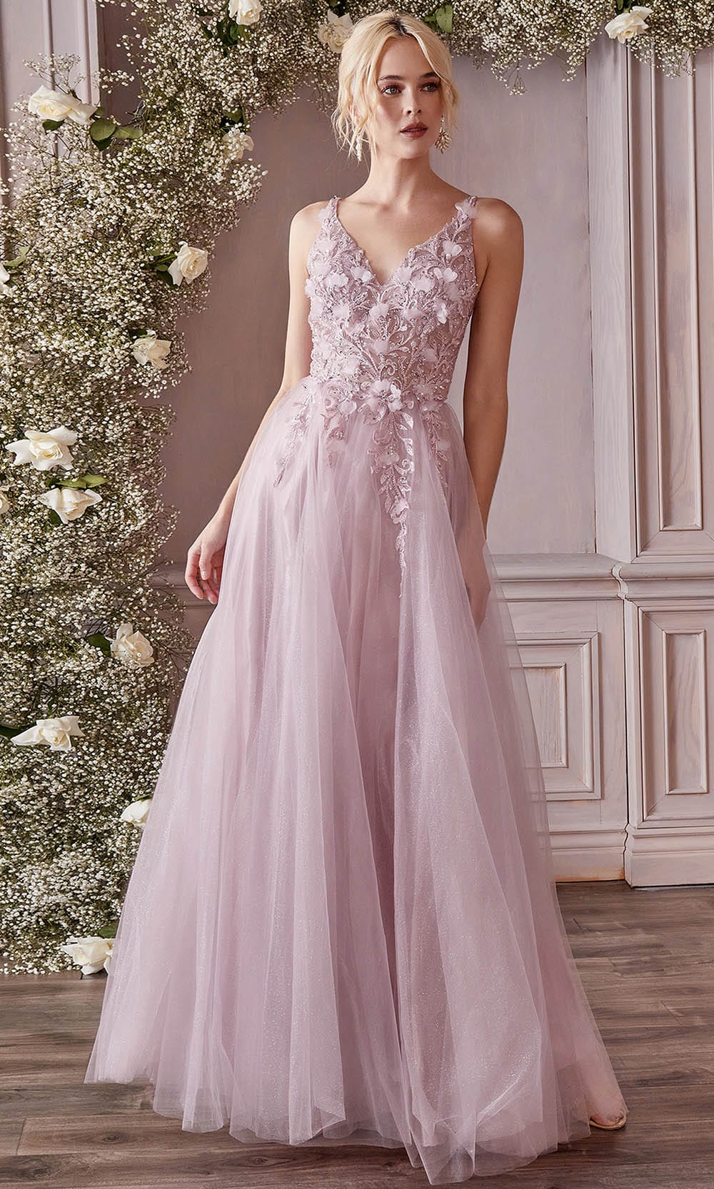 prom dress with flower applique Cinderella Divine CD0181 Desigual, Flocked Long Dress, Strapless Neckline Sleeves style_asymmetric Size:18 Wide