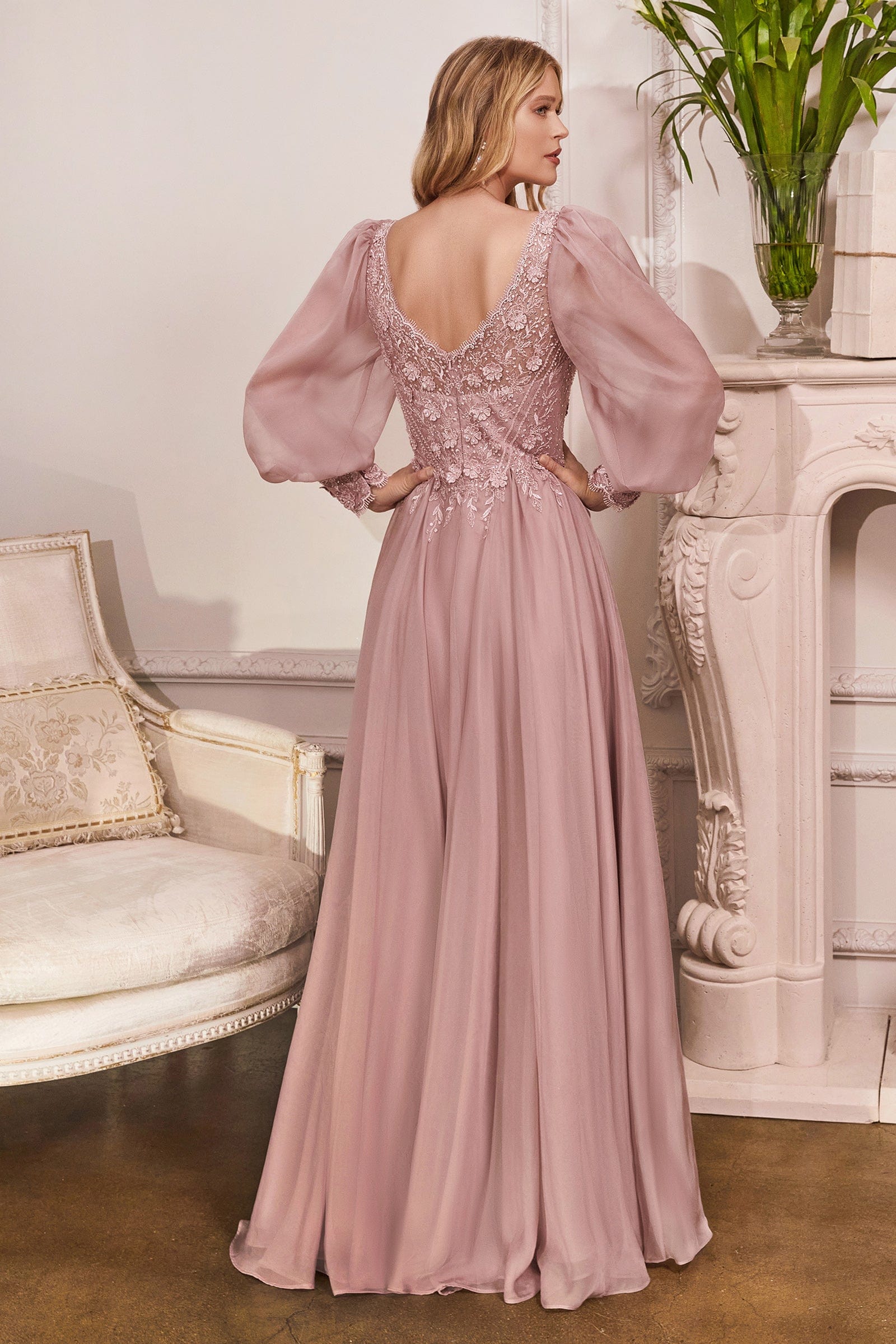 Cinderella Divine CD0183 - Bishop Sleeve Prom Dress - back view