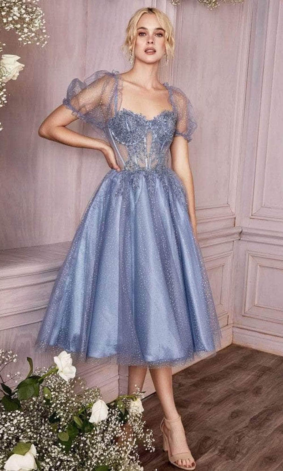 Cinderella Divine CD0187 - Puff- Sleeve Tea-Length Dress