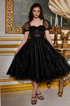 Cinderella Divine CD0187 - Puff- Sleeve Tea-Length Dress - back view