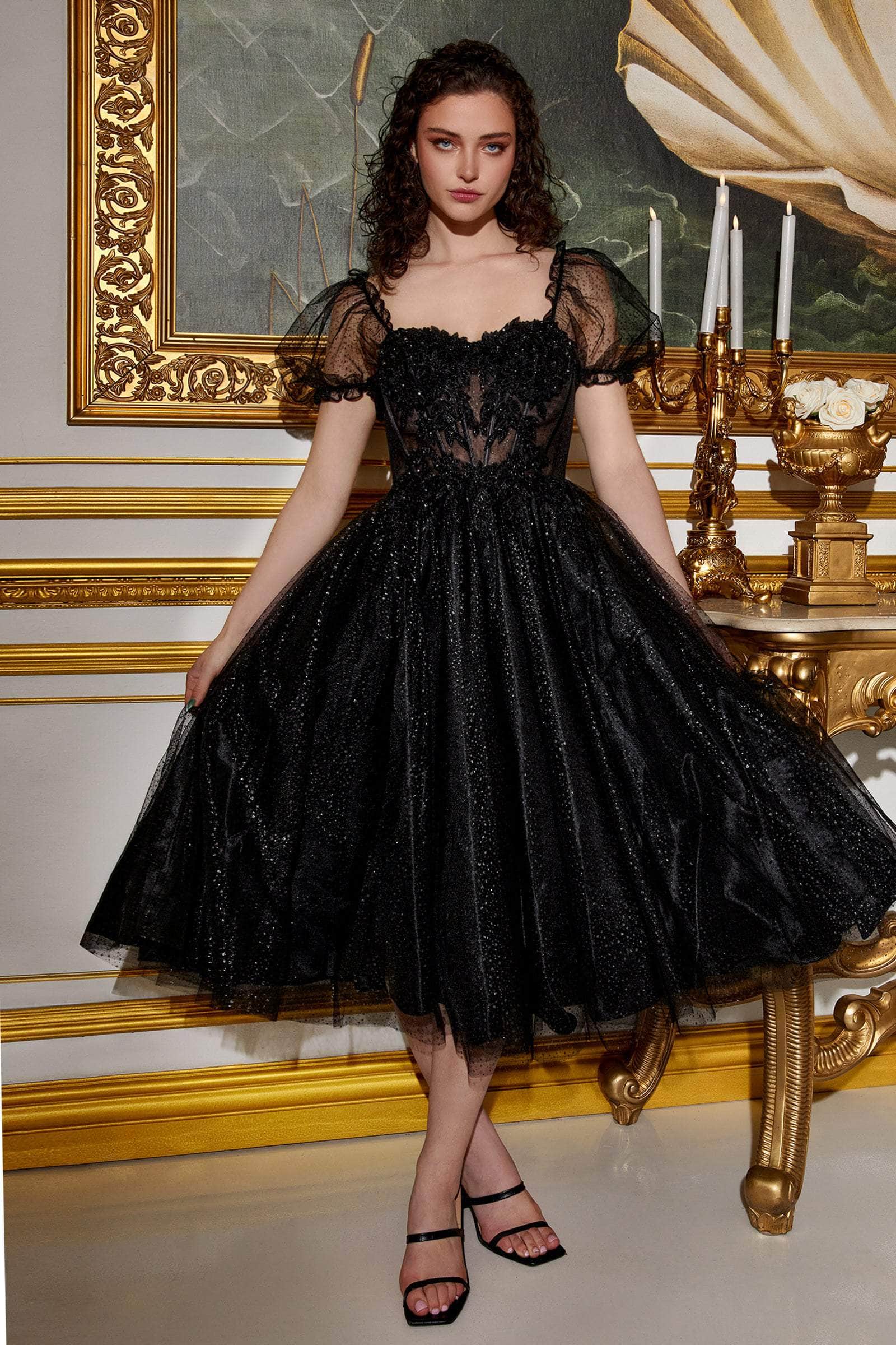 Cinderella Divine CD0187 - Puff- Sleeve Tea-Length Dress - back view