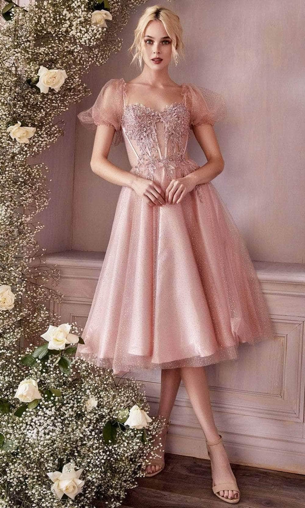 Cinderella Divine CD0187 - Puff- Sleeve Tea-Length Dress - Silhouette Dresses