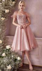 Cinderella Divine CD0187 - Puff- Sleeve Tea-Length Dress - Silhouette Dresses