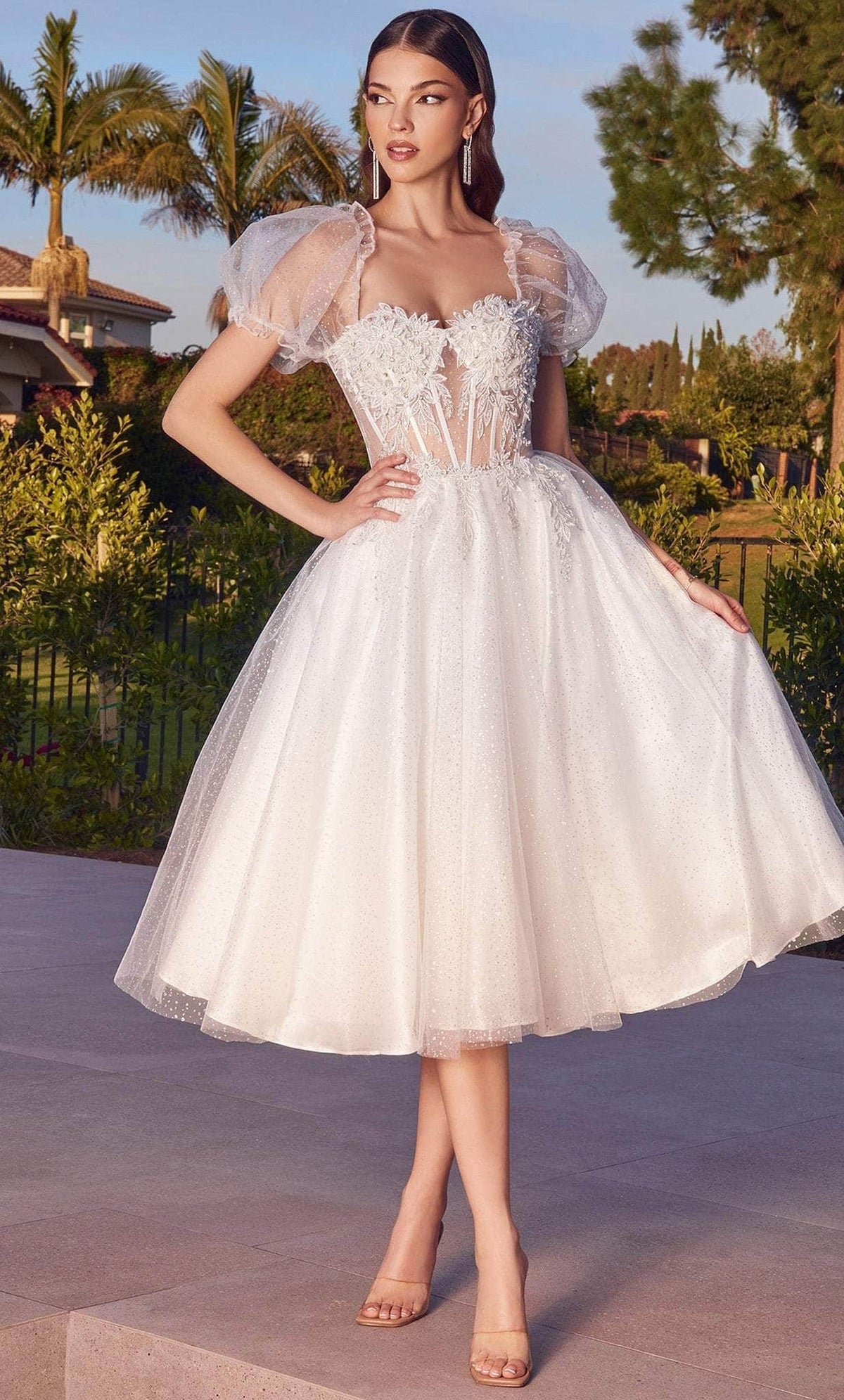 Cinderella Divine CD0187W - Glitter A-line with Puff Sleeves Cocktail Dress