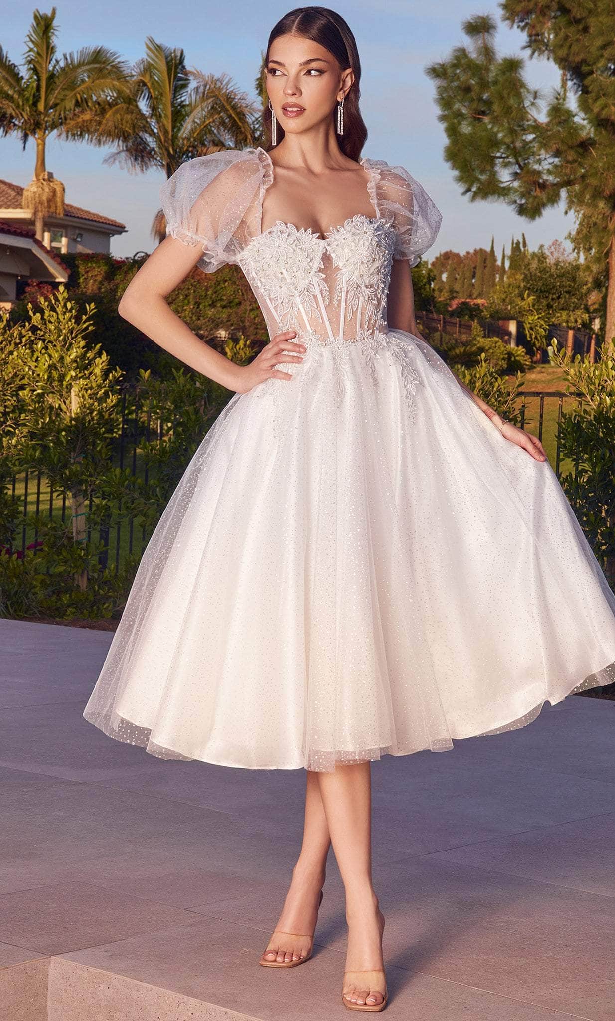 Cinderella Divine CD0187W - Glitter A-line with Puff Sleeves Cocktail Dress - Silhouette Dresses