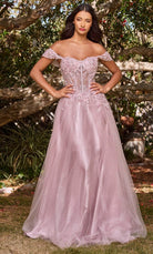 Cinderella Divine CD0198 - Off Shoulder Lace Appliqued Prom Dress