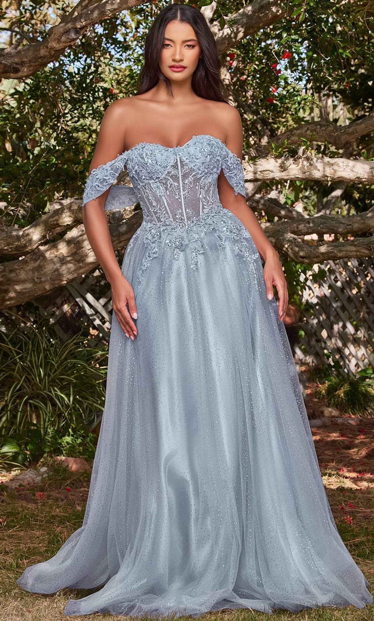 Cinderella Divine CD0198 - Off Shoulder Lace Appliqued Prom Dress