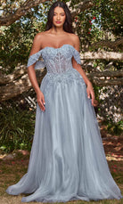 Cinderella Divine CD0198 - Off Shoulder Lace Appliqued Prom Dress