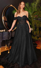 Cinderella Divine CD0198 - Off Shoulder Lace Appliqued Prom Dress - Silhouette Dresses