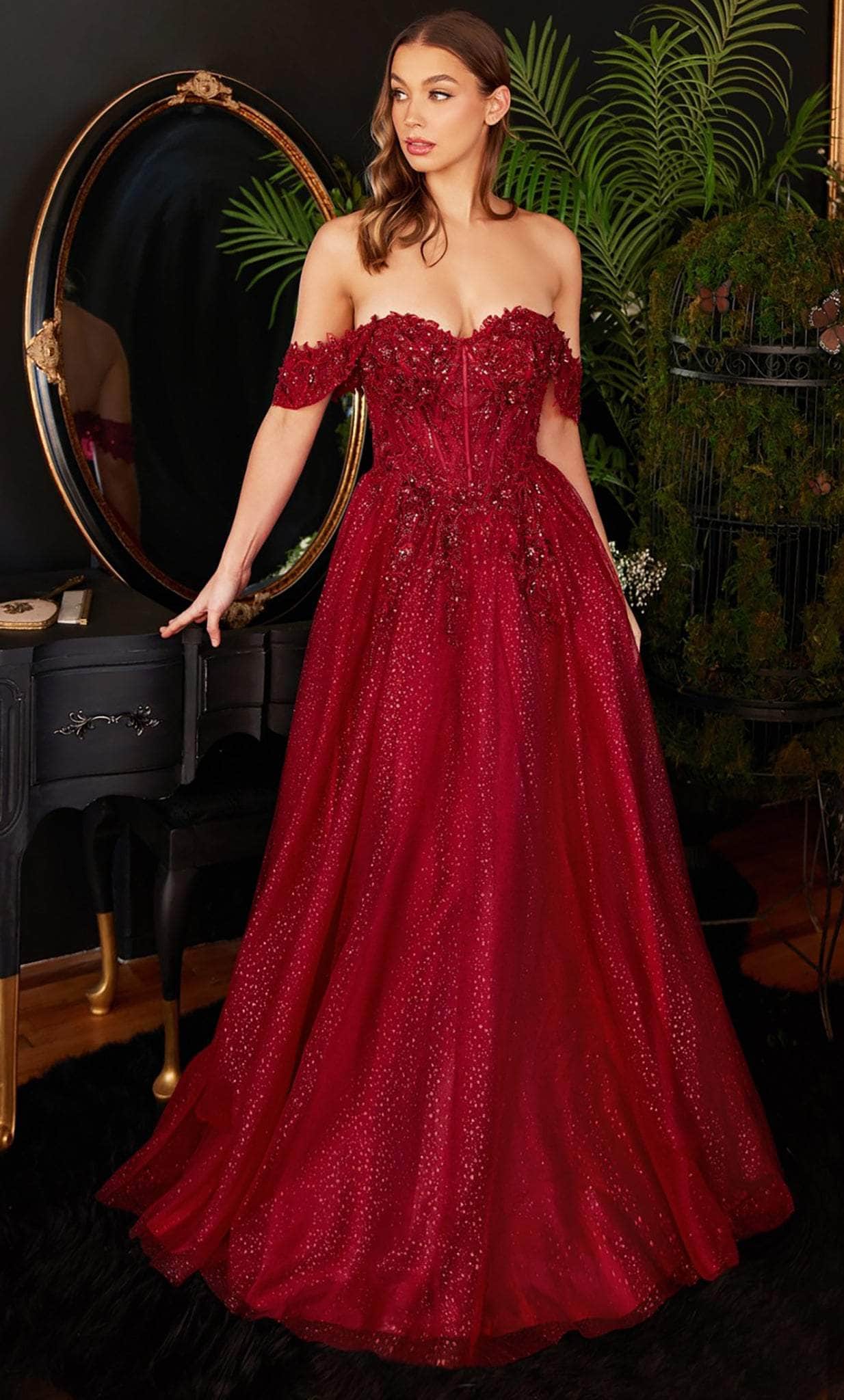 Cinderella Divine CD0198 - Off Shoulder Lace Appliqued Prom Dress - view 5