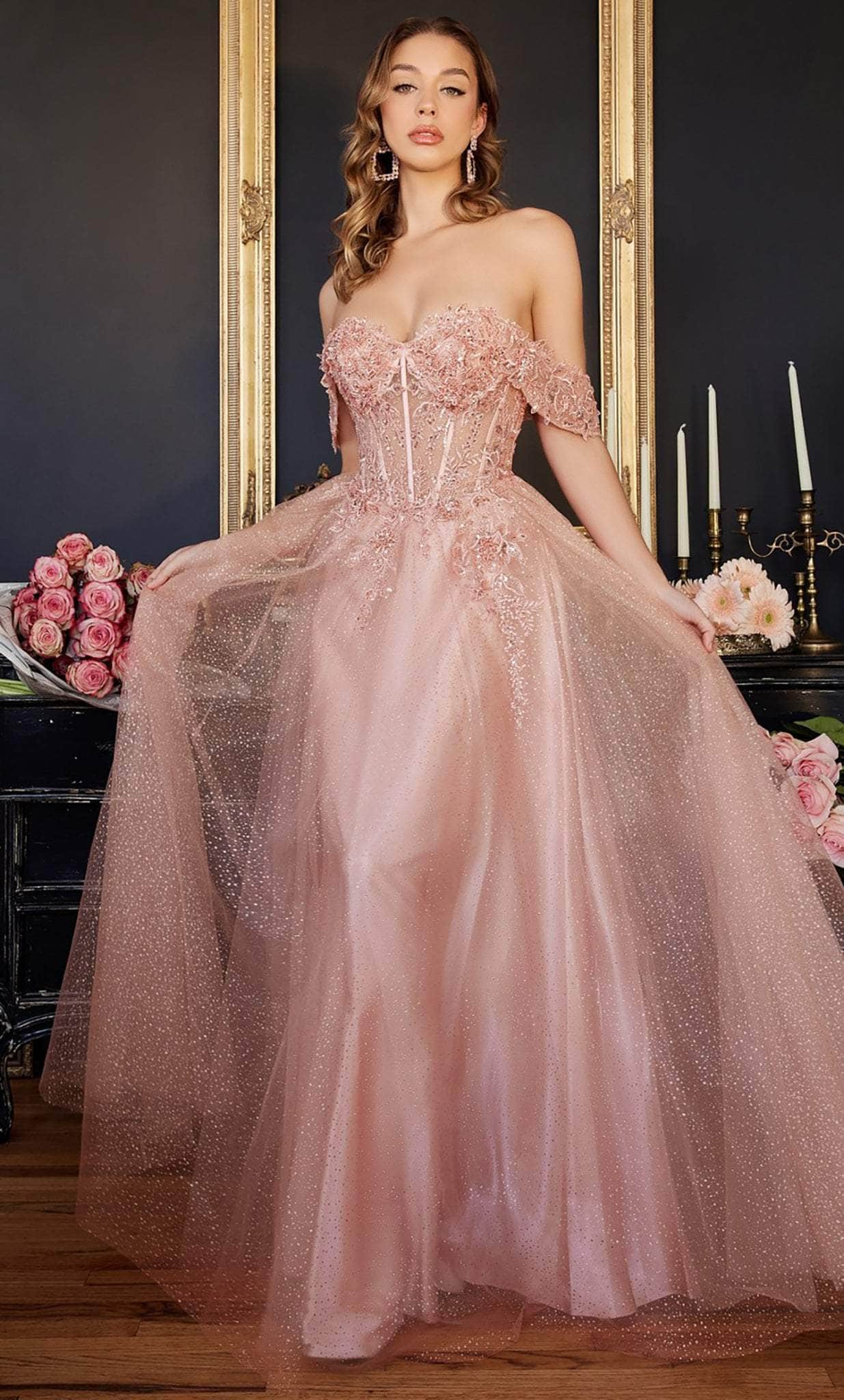 Cinderella Divine CD0198 - Off Shoulder Lace Appliqued Prom Dress - view 7
