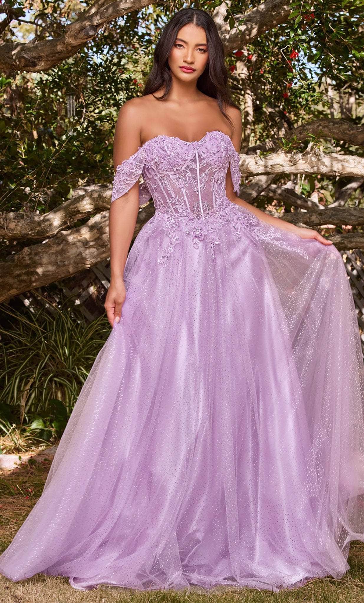 Cinderella Divine CD0198 - Off Shoulder Lace Appliqued Prom Dress - view 8