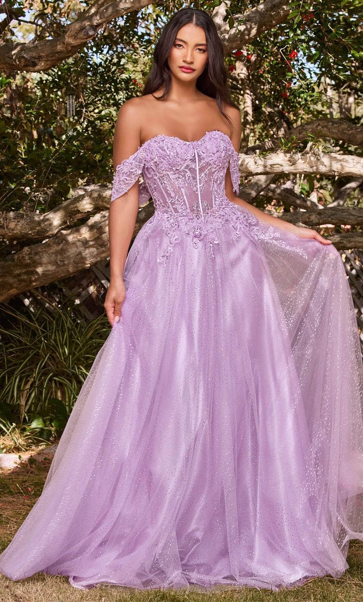 Cinderella Divine CD0198 - Off Shoulder Lace Appliqued Prom Dress - view 8