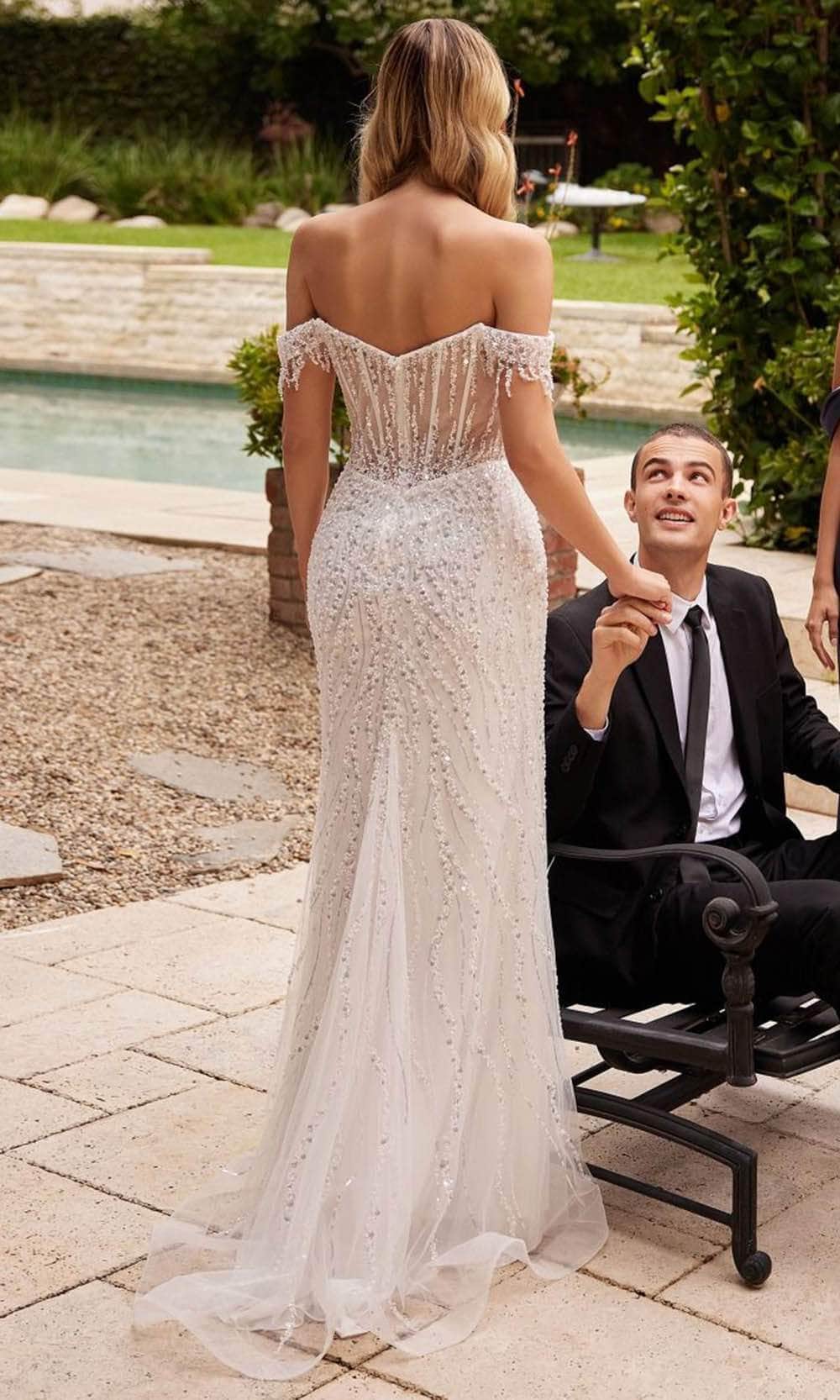 Cinderella Divine CD0203W - Off-Shoulder Bridal Gown with Sequin Embellishments - back view