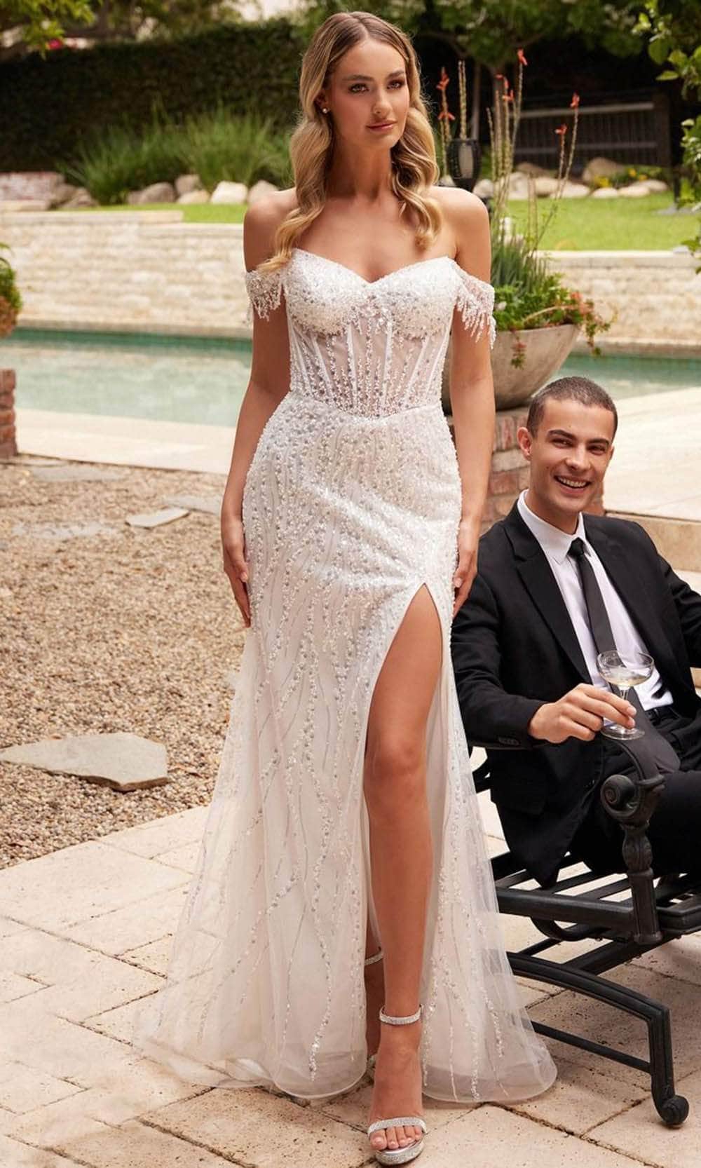 Cinderella Divine CD0203W - Off-Shoulder Bridal Gown with Sequin Embellishments - Silhouette Dresses