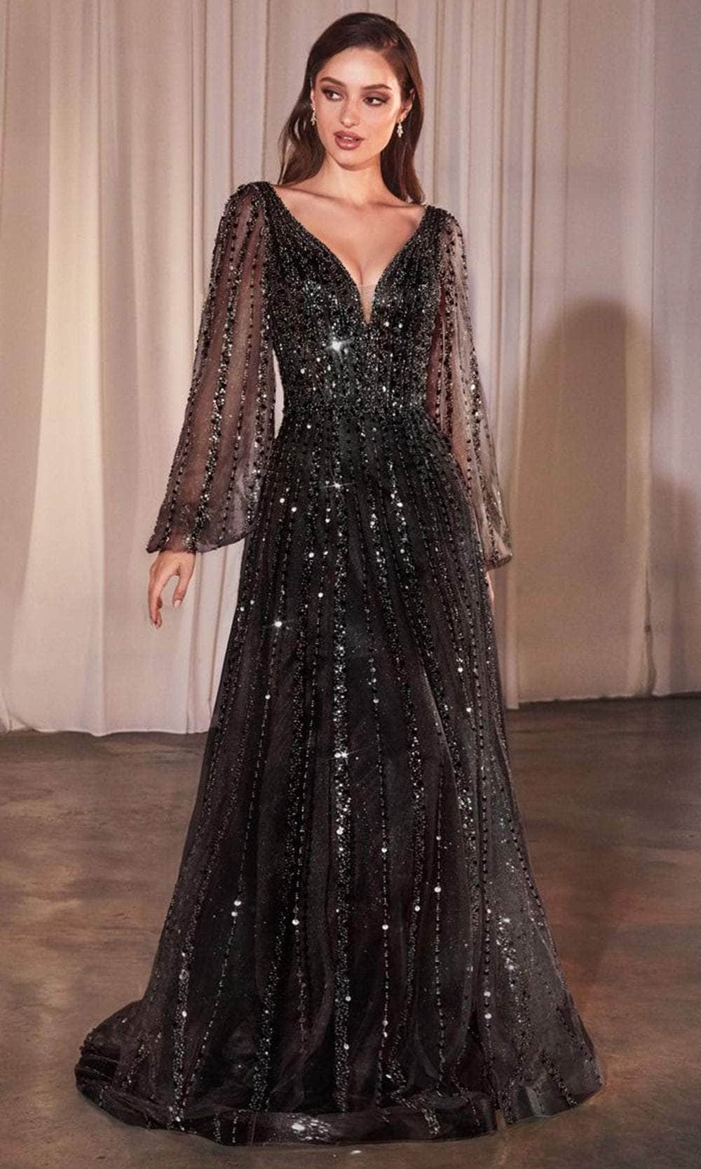 Cinderella Divine CD0240 - Bishop Sleeve Sheer Evening Gown - Silhouette Dresses