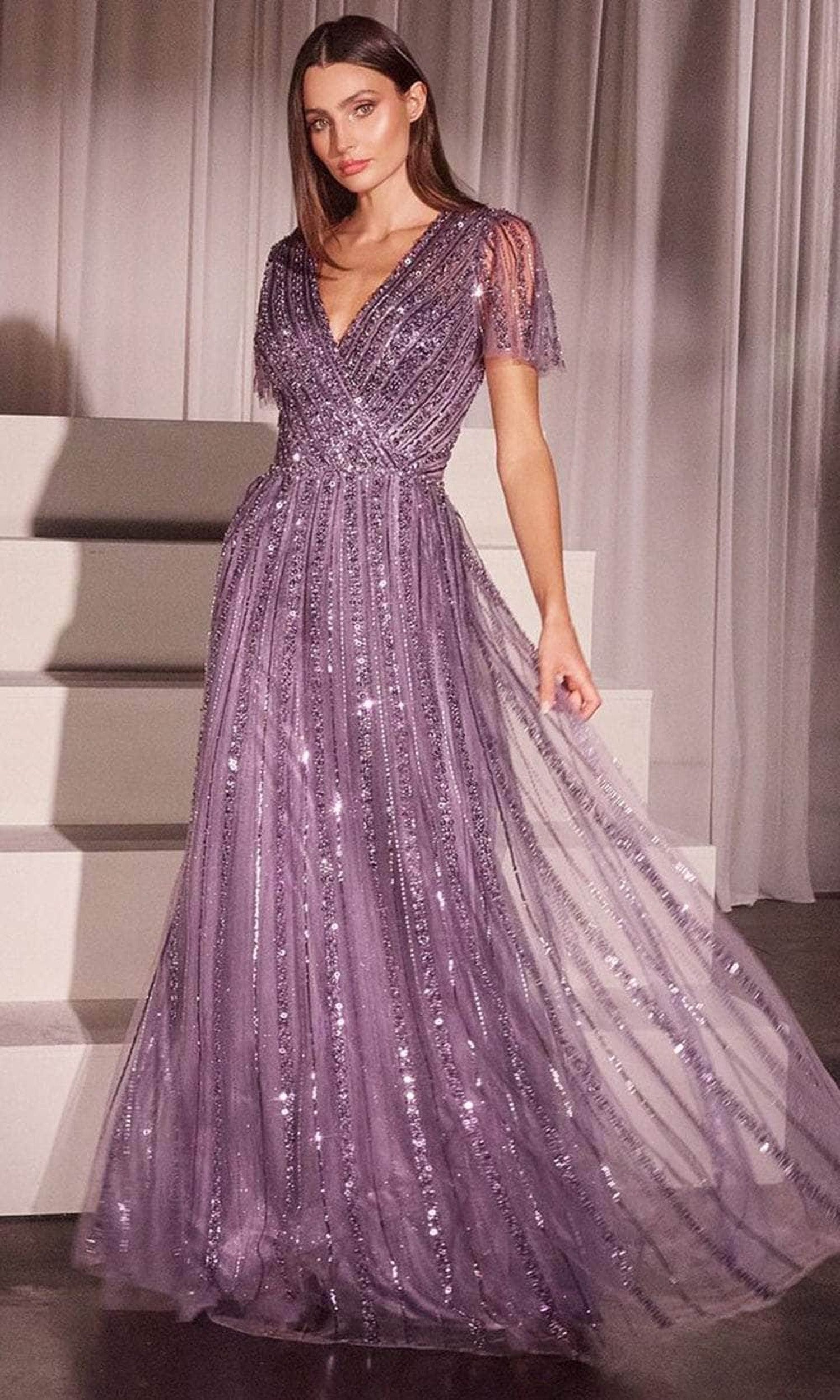 Cinderella Divine CD0241 - Short Sleeve Beaded Evening Gown