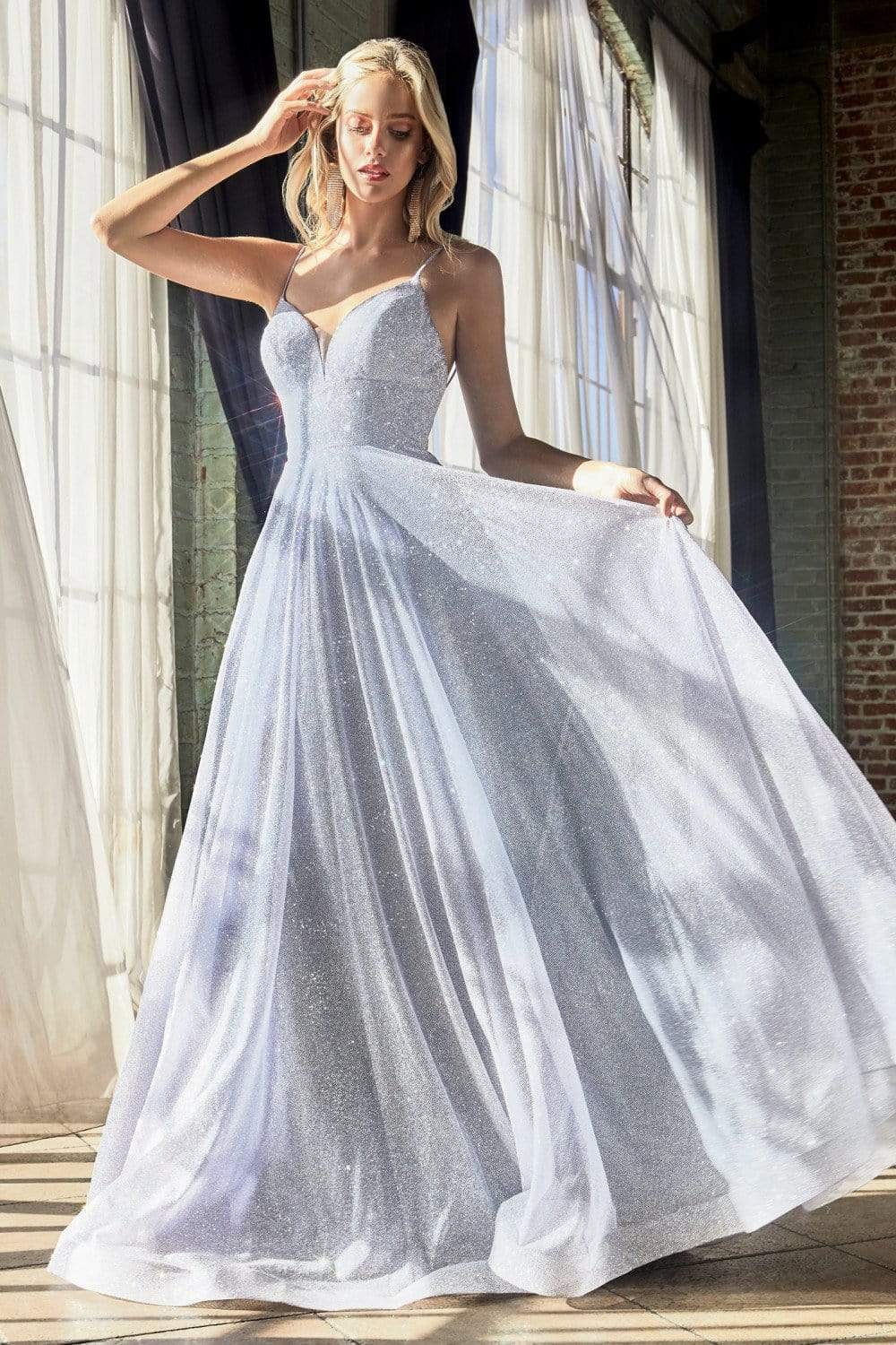 Cinderella Divine - CD205 Plunging V-neck Glitter A-line Dress - designer prom dress at Silhouette Dresses